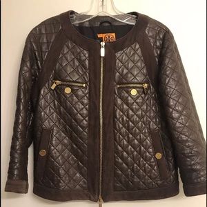 Tory Burch Cluny Quilted Brown Leather Jacket Sz8